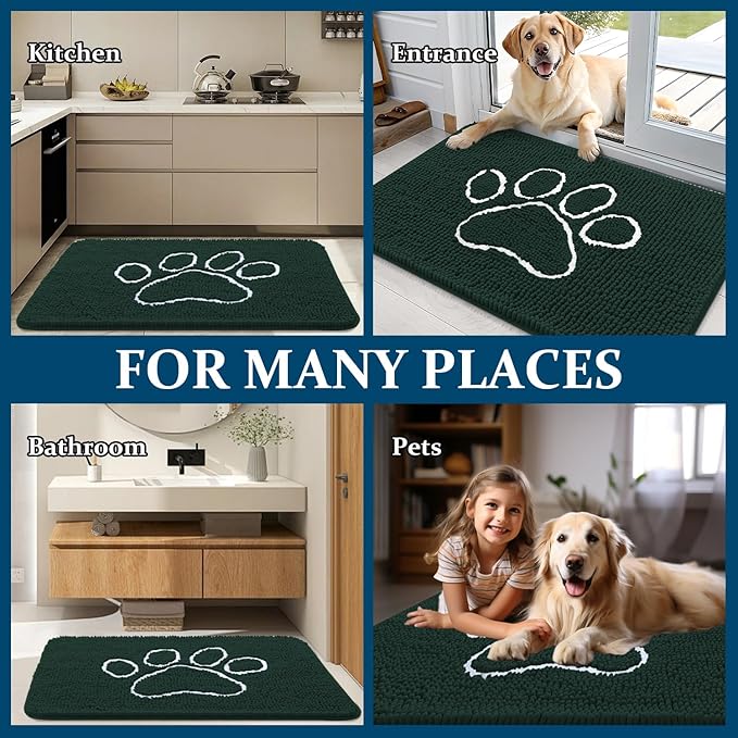 OLANLY Dog Door Mat for Muddy Paws 48x30, Paw Print Design, Absorbs Moisture and Dirt, Absorbent Non-Slip Washable Doormat, Quick Dry Chenille Mud Mat, Entry Indoor Entryway Carpet, Blackish Green