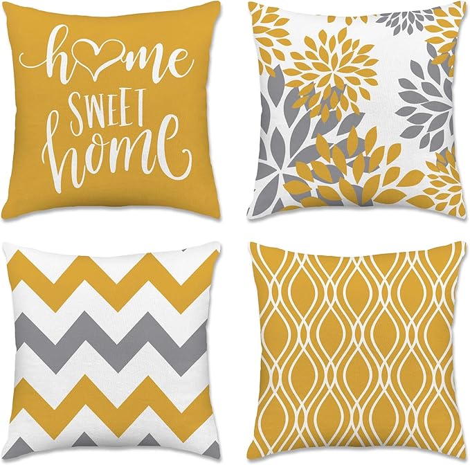 Hexagram Geometric Yellow Pillow Covers 18x18 Set of 4, Decorative Outdoor Boho Modern Throw Pillow Covers, Home Sweet Home Farmhouse Cushion Case for Couch Sofa Bedroom Indoor Decor(No Insert)
