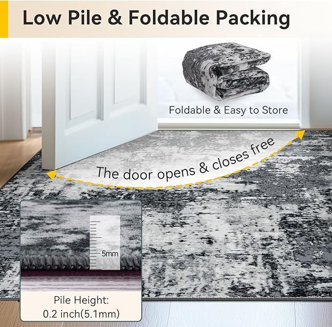 Washable Area Rugs 2'6''x10 Non-Slip Modern Abstract Soft for Living Room Entryway Bedroom Nursery, Print Pattern, Black Navy Blue Gray