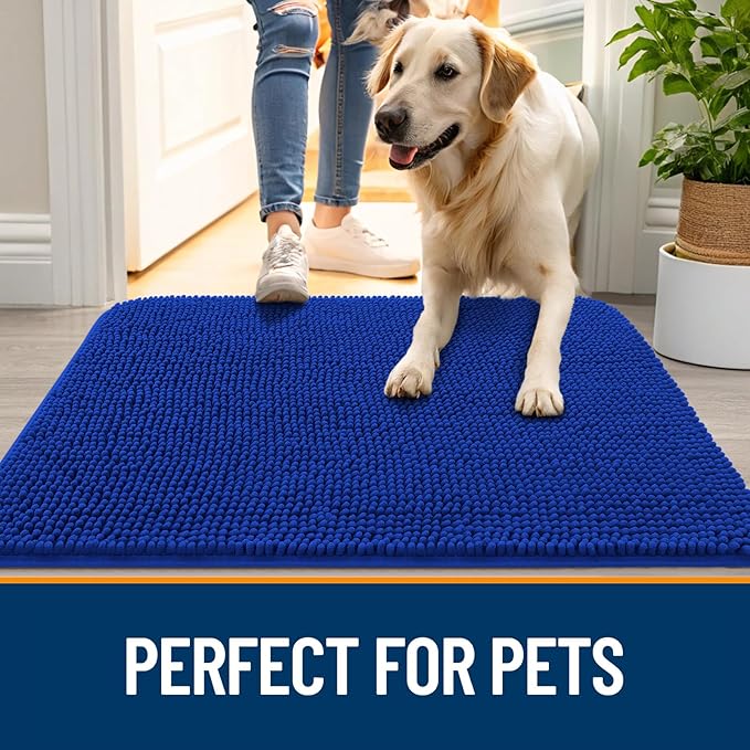 OLANLY Dog Door Mat for Muddy Paws 32x20, Absorbs Moisture and Dirt, Absorbent Non-Slip Washable Doormat, Quick Dry Chenille Mud Mat for Dogs, Entry Indoor Entryway Carpet for Inside Floor, Royal Blue