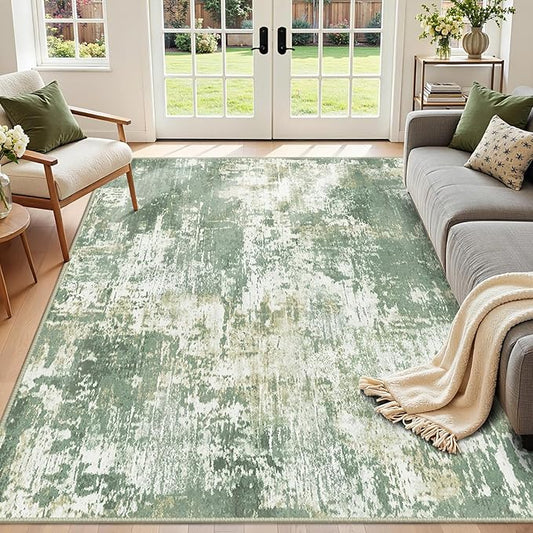 Washable Area Rugs 7'x9' Non-Slip Modern Abstract Soft for Living Room Entryway Bedroom Nursery, Print Pattern, Light Green/Yellow