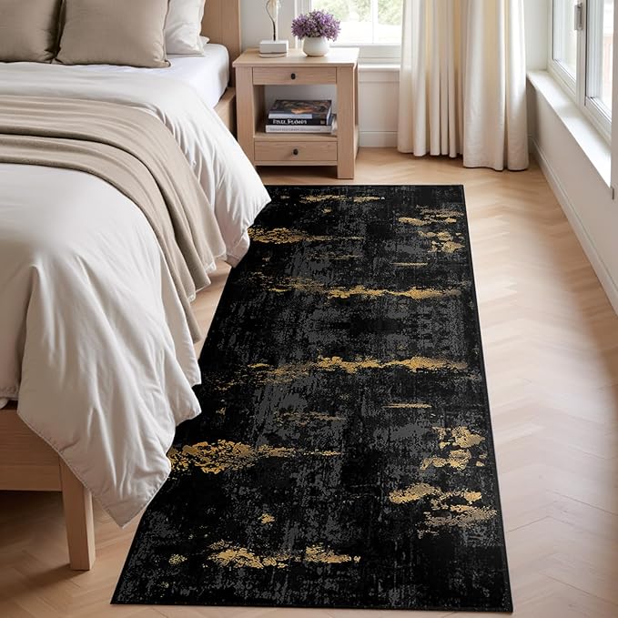 Washable Area Rugs 2'x8' Non-Slip Modern Abstract Soft for Living Room Entryway Bedroom Nursery, Print Pattern, Dark Black Gold