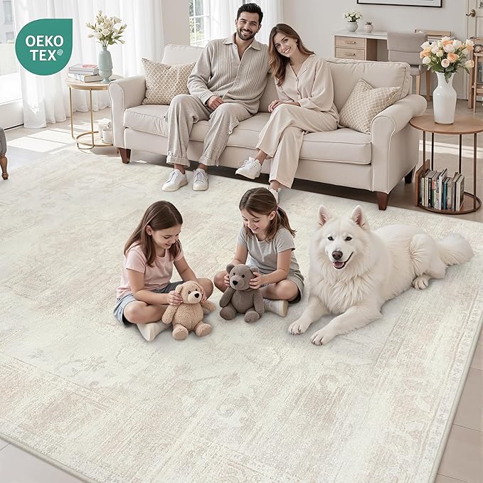 6x9 Area Rugs for Living Room: Vintage Boho Neutral Washable Rug Indoor Soft Large Area Rug Carpet for Bedroom Nursery Farmhouse Dining Room Office Floor Non-Slip Low Pile Under Table Rug Cream Beige