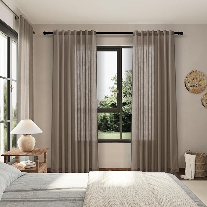 Dark Taupe Linen 102 Inch Long Curtains for Living Room 2 Panels Back Tab Pocket Semi Sheer Light Filtering Curtains Bohemian Rustic Solid Color Drapes for Sliding Glass Door Bedroom 40x102 Inches