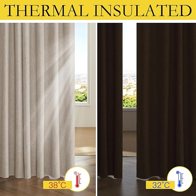 NICETOWN Oatmeal Vintage Open Linen Weave Flax Thermal Curtains, 100% Blackout Curtains 90" Long for Dining Room, Soundproof Window Treatment Drapes for Hall Room, 42" Wide Per Panel, Set of 2