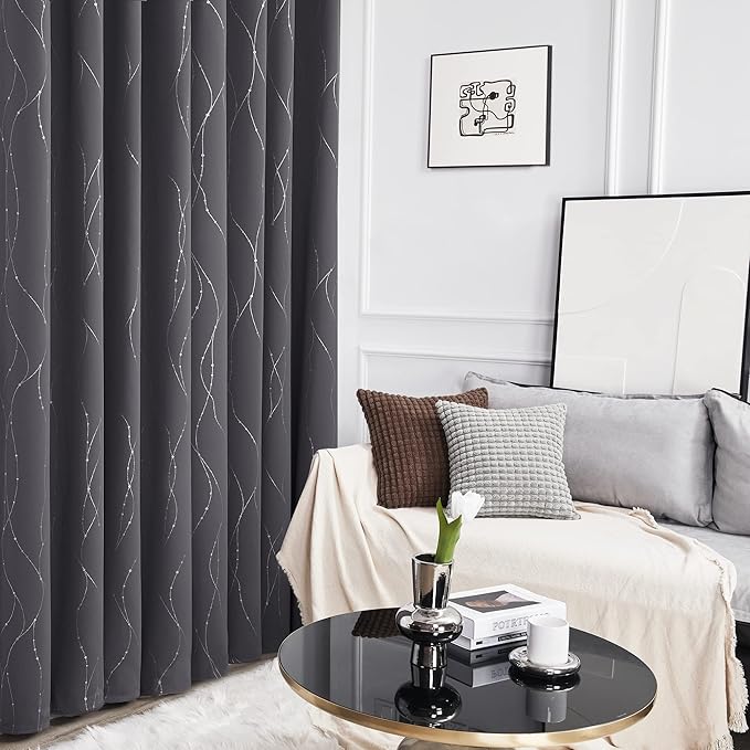 Deconovo Blackout Curtains, Thermal Insulated Noise‑Reducing Grommet Drapes, Wave Line Dot Foil Print, 38 x 63 Inch, 2 Panels, Machine‑Washable Window Curtains for Bedroom Living Room Kitchen Office