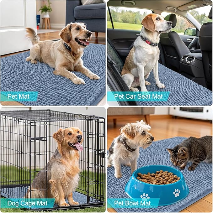 OLANLY Dog Door Mat for Muddy Paws 70x24, Absorbs Moisture and Dirt, Absorbent Non-Slip Washable Doormat, Quick Dry Chenille Mud Mat for Dogs, Entry Indoor Entryway Carpet for Inside Floor, Airy Blue