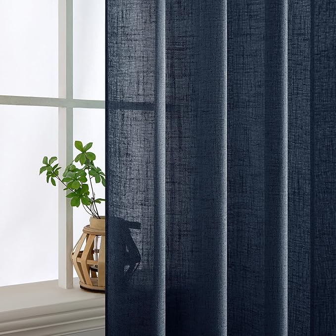 MIULEE Navy Blue Linen Curtains 72 Inch Length 2 Panels for Bedroom Living Room, Soft Thick Linen Textured Natural Window Drapes Semi Sheer Light Filtering Back Tab Rod Pocket Burlap Look Decor