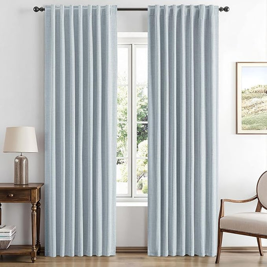MIULEE 100% Blackout Linen Curtains for Bedroom, Chambray Blue Solid Luxury Decor Thermal Insulation Room Darkening Drapes for Living Room Nursery Back Tab Rod Pocket 42 x 63 Inches, 2 Panels