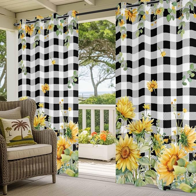 Sunflowers Outdoor Curtains for Patio Summer Floral Eucalyptus Leaf Buffalo - Image 5