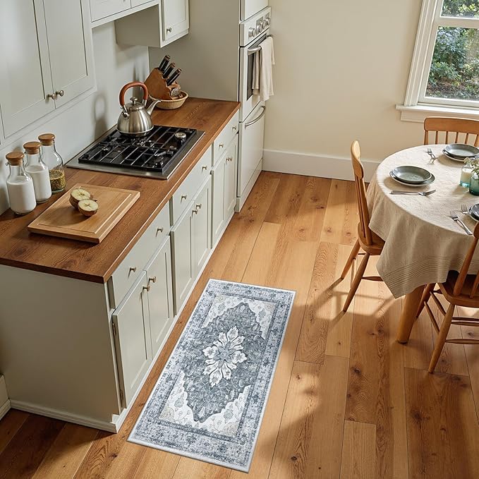 Area Rugs 2'x4' Kitchen Rugs Entry Rug Small Rugs for Entryway Kitchen Bathroom Door Mat Indoor Entrance,Washable Non Slip, Light Gray Grey White