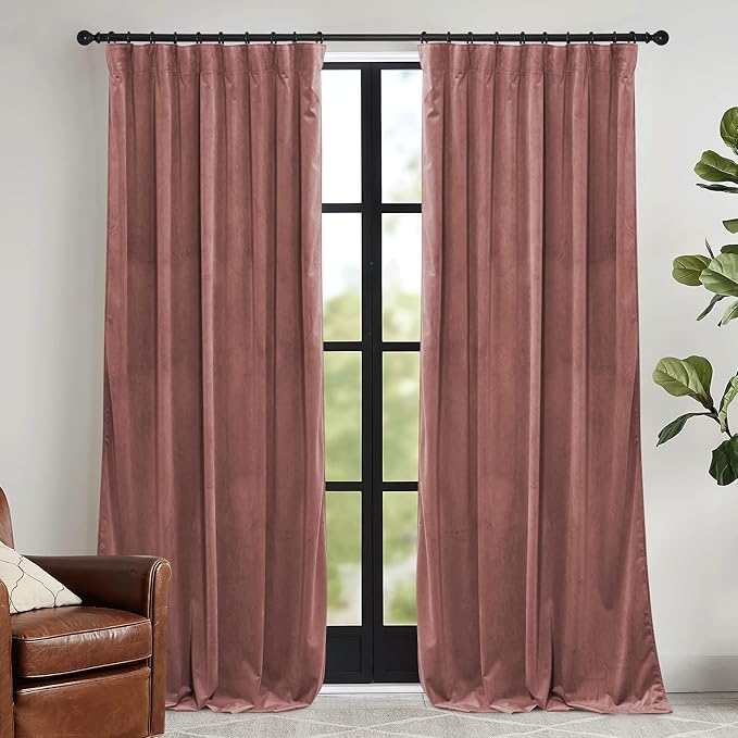 RYB HOME Dusty Pink Velvet Curtains 84 inch, Room Darkening Window Curtains for Living Room Energy Efficient Backdrop Festival Decor for Girls Bedroom, Wild Rose, W52 x L84 inch, 2 Panels