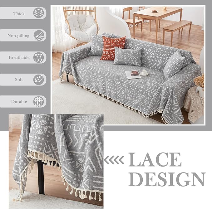 HANDONTIME Bohemian Grey and White Couch Cover for Dogs Aztec Tribal Sofa Covers 3 Cushion Aesthetic Tassel Slipcover Seat Universal Loverseat Futon Cover, 71/'' X118/'', Tassel 2:grey/White