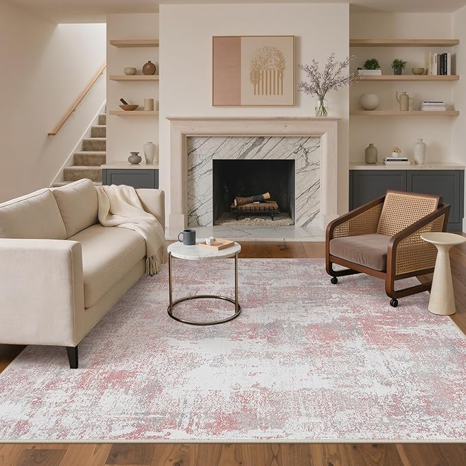 BEIMO Area Rugs 6x9 for Living Room Bedroom, Modern Abstract Machine Washable Rug, Large Soft Low Pile Floor Carpet with Non Slip Backing for Dining Room, Pink/Grey