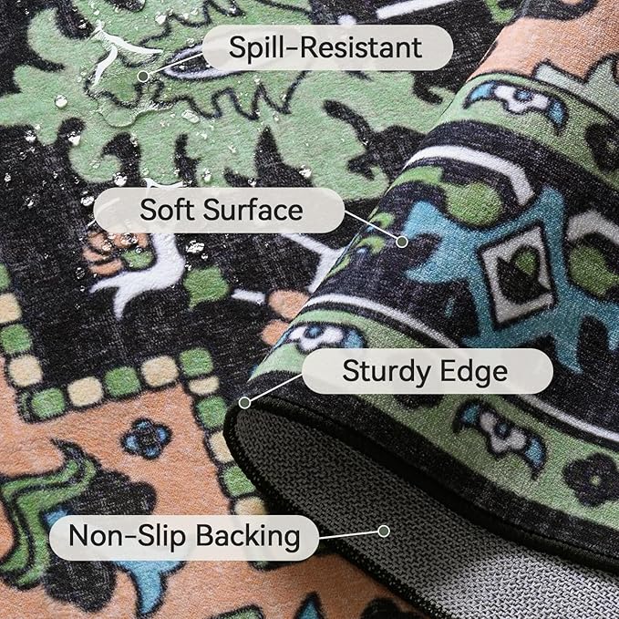 Lofus 6x9 Washable Area Rugs, Large Area Rug for Living Room, Bedroom, Office, Dining Room, Non-Slip Vintage Boho Rug, Low-Pile Soft Carpet, Traditional Oriental Style, Dark Green