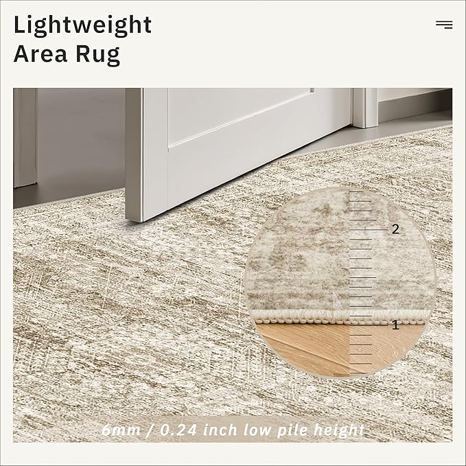 5x8 Area Rugs Brown Low Pile Indoor Washable Trendy Faded Style Rugs for Bedroom Living Room Dining Room Foldable Non-Slip Thin Print Home Office Mat