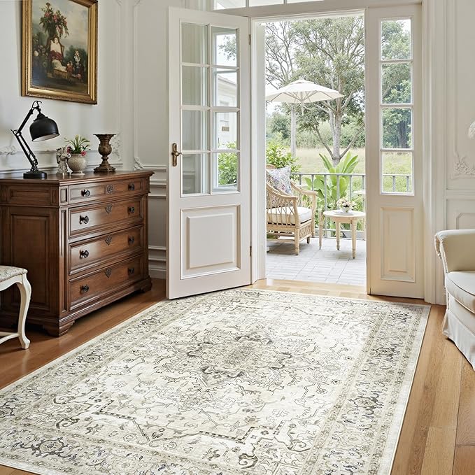 Lofus 5x7 Area Rugs for Living Room, Washable Area Rug, Rugs for Bedroom, Kitchen, Vintage Boho Carpet, Soft Non-Slip, Low Pile Large Area Rug for Office Dining Room, Beige and Brown