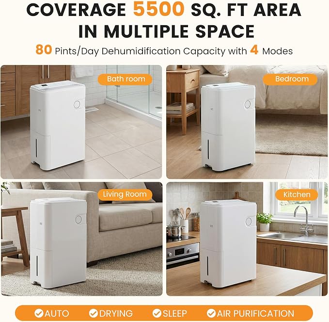 80Pints Dehumidifier with Drain Hose, 500 Sq.Ft Dehumidifier - Image 2
