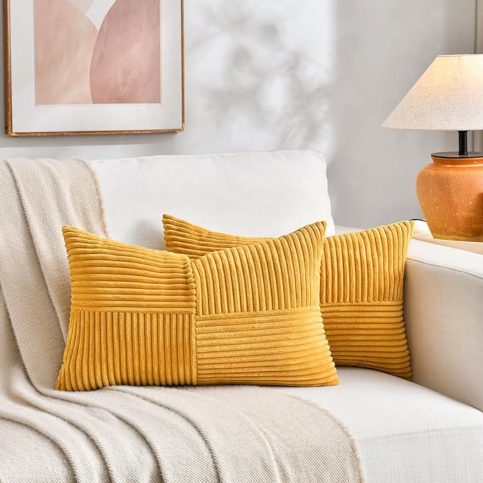 Fancy Homi 2 Packs Gold Yellow Lumbar Decorative Throw Pillow Covers 12x20 Inch for Couch Bed Sofa, Rustic Farmhouse Boho Spring Home Decor, Soft Striped Corduroy Rectangle Accent Cushion Case 30x50cm