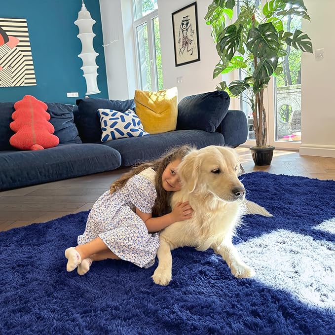OLANLY 3x4 Machine Washable Accent Rug, Soft Fluffy Shaggy Area Rug for Bedroom, Living Room, Indoor Floor Carpet for Kids, Nursery, Home Decor, Navy Blue