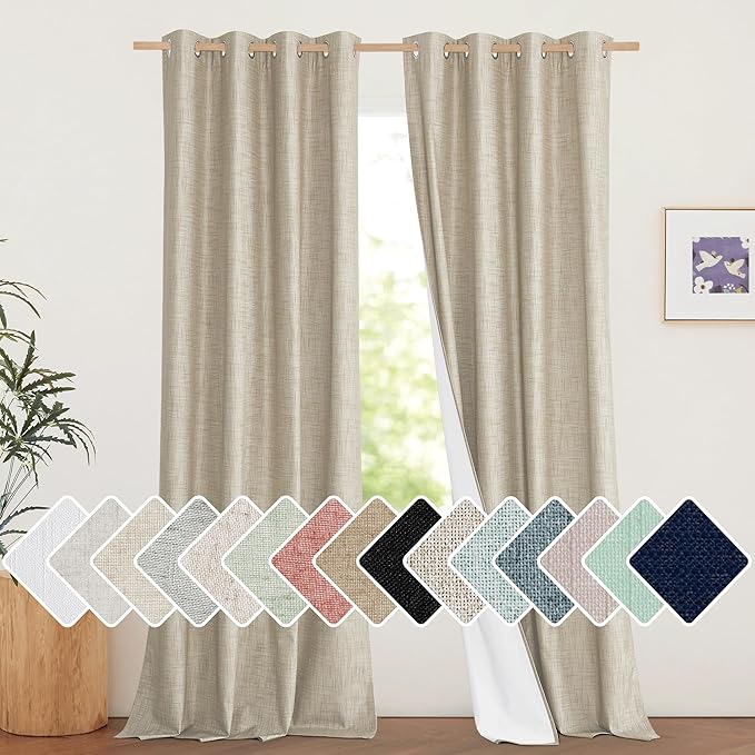 NICETOWN Taupe 100% Blackout Linen Curtains 90 inch Long Burg, Farmhouse Thick Completely Blackout Window Treatment Panels Thermal Insulated Drapes for Living Room (1 Pair, 52" Width Each Panel)