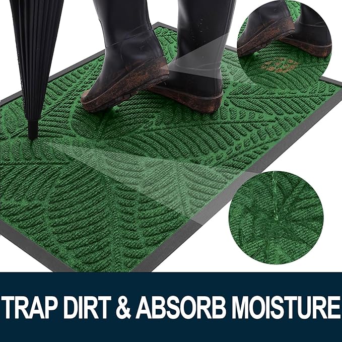 Colorxy Waterproof Doormat, Sturdy Natural Rubber Front Indoor Mat, Non Slip Low Profile Indoor Outdoor Door Mats, Stain and Fade Resistant Floor Mat, Easy Clean Patio Entrance Mat, 59''x23'', Green