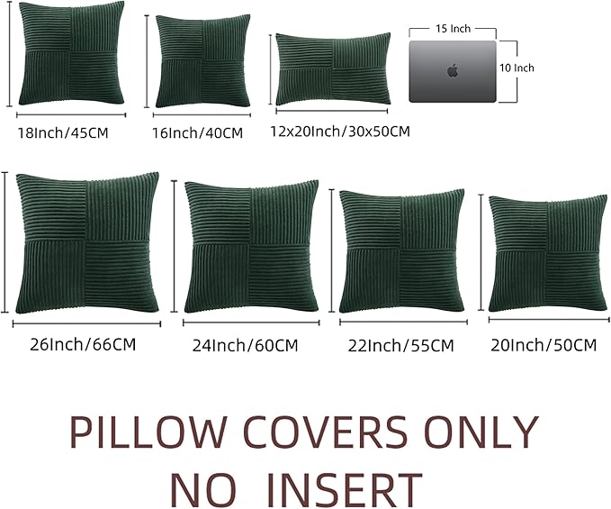 Fancy Homi Set of 2 Dark Green Samll Decorative Throw Pillow Covers 12x12 Inch for Living Room Couch Bed, Boho Farmhouse Forest Green Home Decor, Soft Corss Corduroy Patchwork Textured Cushion Case