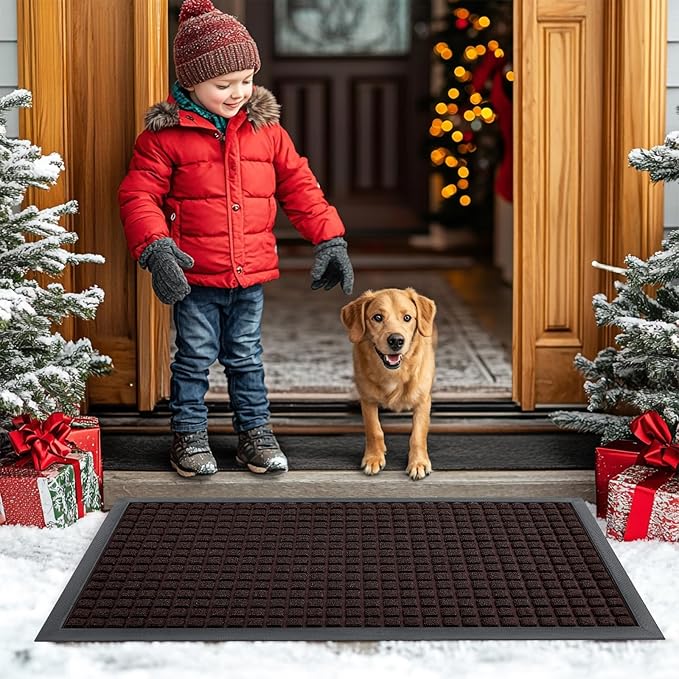 Smiry Front Door Mat Outside Entrance, Heavy Duty Natural Rubber Doormat, Non Slip, Trap Dirt and Moisture, Easy Clean, Low Profile Welcome Floor Mats for Indoor Outdoor Entry, 59x23 Inch, Brown