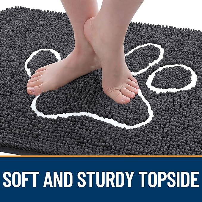 OLANLY Dog Door Mat for Muddy Paws 40x24, Paw Print Design, Absorbs Moisture and Dirt, Absorbent Non-Slip Washable Doormat, Quick Dry Chenille Mud Mat for Dogs, Entry Indoor Entryway Carpet, Dark Grey