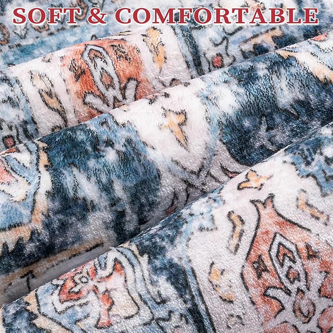 SERISSA 4x6 Boho Bedroom Rug, Washable Non Slip Vintage Blue Orange Area Rugs, Ultra Soft Print Distressed Tribal Entry Rug Low-Pile Throw Carpet for Nursery Dorm Kitchen Living Room Decor