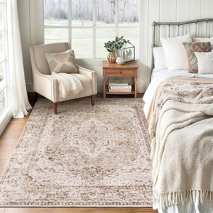 Lofus 6x9 Area Rugs for Living Room, Washable Area Rug, Rugs for Bedroom, Kitchen, Vintage Boho Carpet, Soft Non-Slip, Low Pile Large Area Rug for Office Dining Room, Vintage Beige Brown
