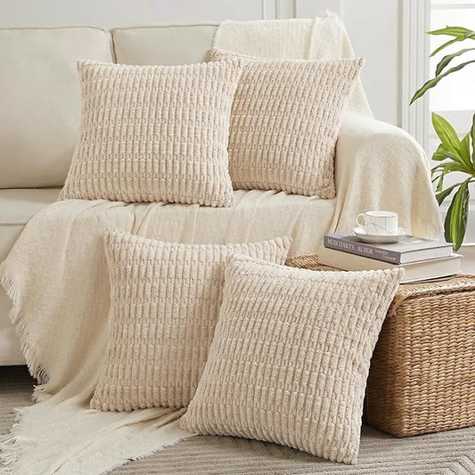 Fancy Homi 4 Packs Tan Decorative Throw Pillow Covers 26x26 Inch for Living Room Couch Bed Sofa, Beige Rustic Farmhouse Boho Home Decor, Soft Plush Striped Corduroy Square Cushion Case 66x66 cm