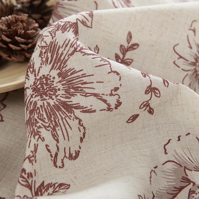 jinchan Linen Blend Curtain Floral Curtains for Living Room 63 Inch Length Farmhouse Brick Red Printed Curtain Rod Pocket Back Tab Peony Flower Patterned Drapes Curtains Set 2 Panels