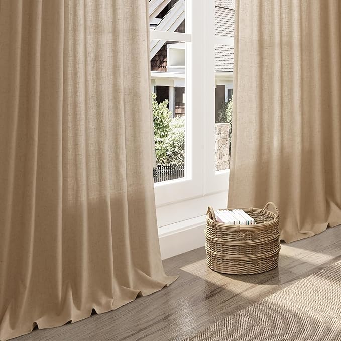 Sand Beige Linen Curtains for Living Room 100 Inches Long Simple Modern Light Filtering Semi Sheer Curtain Back Tab Rustic Farmhouse Luxury Home Decor Drapes for Bedroom Dinner Room 52x100, 2 Panels