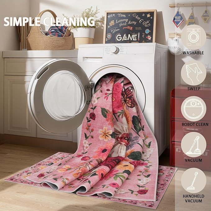 Pink Floral Girls Room Rug 5x7, Non-Slip Washable Rugs for Bedroom Living Room Nursery Kitchen Dining Room Indoor, Ultra-Thin Soft Stain Resistant Girls Room Decor(5 x 7, Pink Garden)