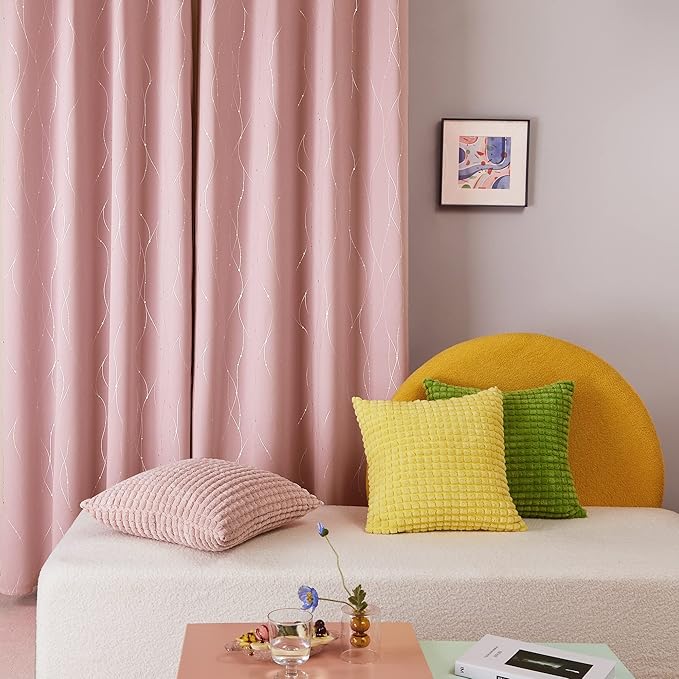 Deconovo Pink Curtains, Blackout Drapes, Thermal Insulated Soundproof Curtain, Silver Wave Dots Print, 45 x 45 Inch Long, Machine Washable Window Panels for Girls Bedroom Living Room Kitchen, Set of 2