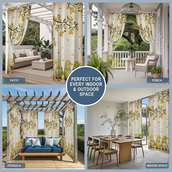Summer Gnome Outdoor Curtains for Patio Gnome Lemon Leaf Vintage Waterproof - Image 8