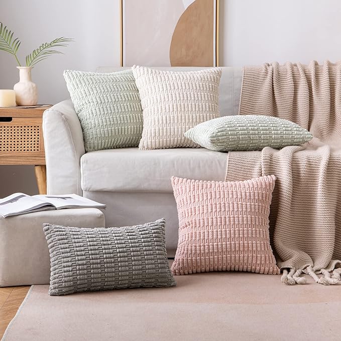MIULEE Pack of 2 Corduroy Decorative Throw Pillow Covers 20x20 Inch Soft Boho Striped Pillow Covers Modern Farmhouse Home Decor for Sofa Living Room Couch Bed Cream White
