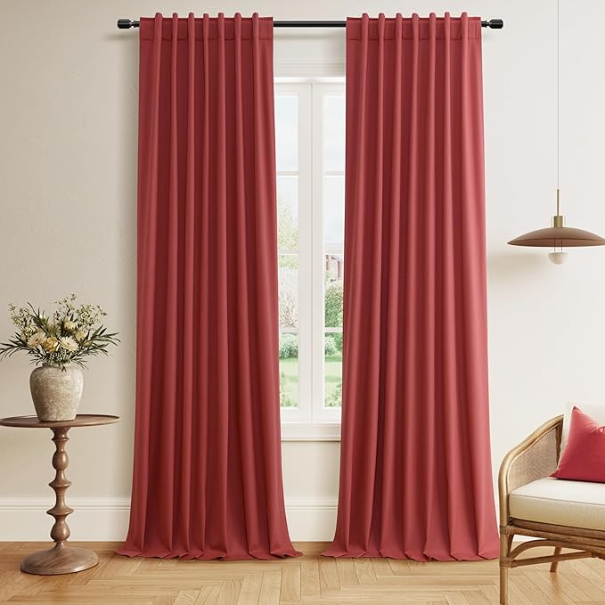 Guken Red 100% Blackout Linen Curtains 108 Inch Length 2 Panels Set for Living Room Bedroom Back Tab Thermal Insulated Black Out Drapes Room Darkening Farmhouse Window Curtains,52x108