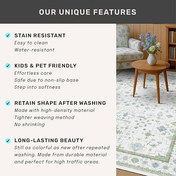 Blue and Green Washable Rugs 3x4 - Vintage Boho Floral Pastel Cream, Washable Low Pile Non Slip Small Throw Accent Area Rug for Bathroom, Door Mat Indoor Entrance, Kitchen, Bedroom Beside Bed Decor