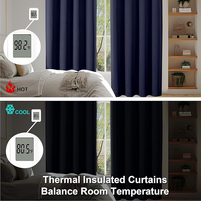 Simplebrand Ava Navy Blue Blackout Curtains for Bedroom 63 Inch Length 2 Panels, Solid Thermal Insulated Energy Saving Rod Pocket Window Treatment Curtains Blackout Drapes, W40 x L63 Inch, Navy Blue