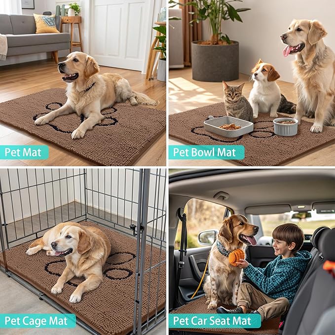 Smiry Dog Door Mat for Muddy Paws, Absorbent Dirt Trapper Non Slip Quick Dry Washable Chenille Mat for Mud Dogs, Entry Rug for Indoor and Outdoor (48x30 Inches, Coffee and Black)