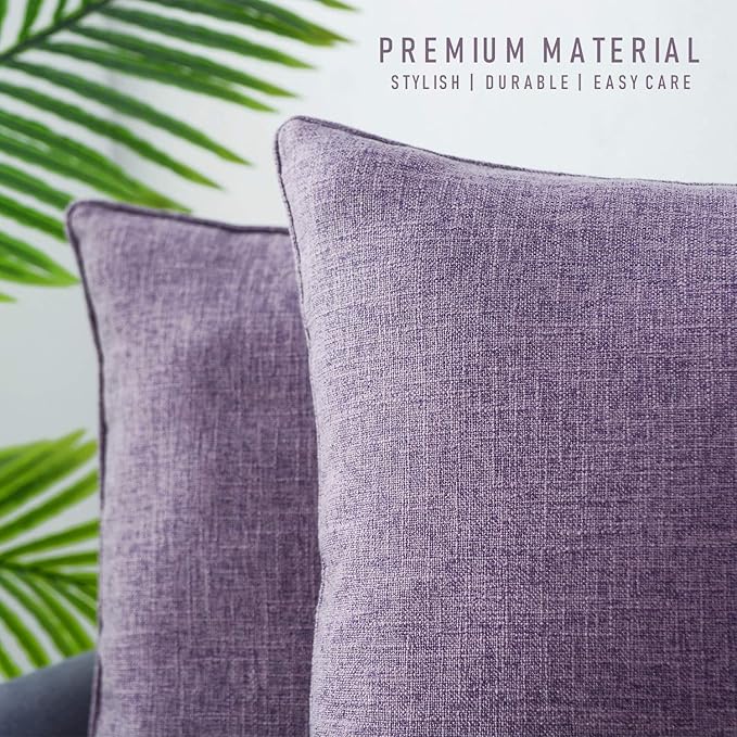HPUK Linen Throw Pillow Covers Pack of 2, 18x18 Inch Accent Cushion Covers for Living Room, Bedroom, Decorative Solid Color Pillow Covers for Couch, Sofa, Chair, Lavender Mist