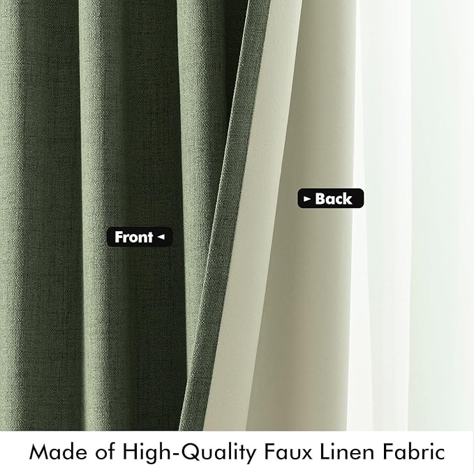 MIULEE 100% Blackout Linen Curtains for Bedroom, Olive Green Solid Luxury Decor Thermal Insulation Room Darkening Drapes for Living Room Nursery Back Tab Rod Pocket 42 x 63 Inches, 2 Panels
