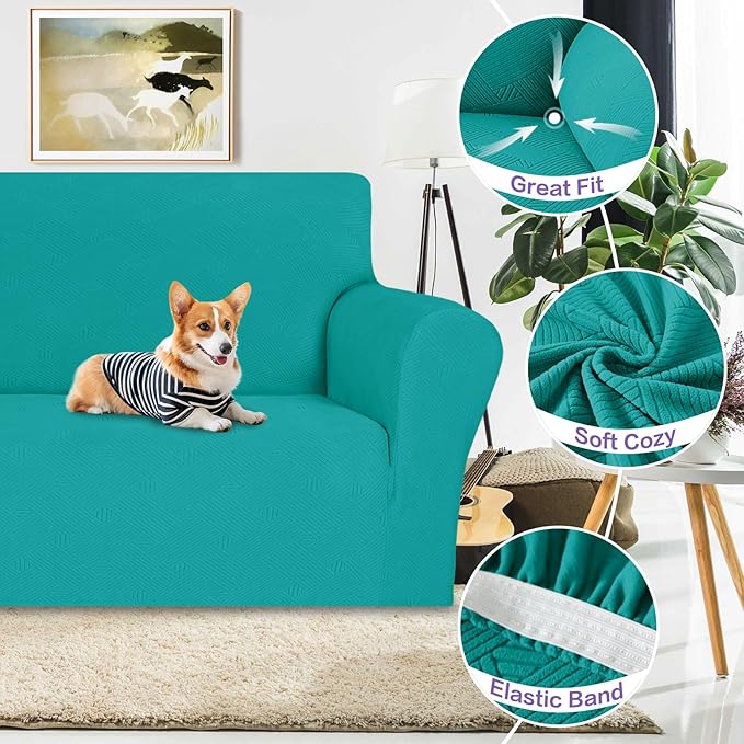 ZNSAYOTX Chair Cover with Arms (30"-47"), New Striped Sofa Chair Covers for Living Room, Dogs Pet Friendly Anti-Slip Chair Protector Spandex Armchair Slipcovers (Peacock Teal, Chair)