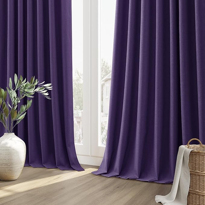 Guken 100% Blackout Curtains 108 Inch Length 2 Panels Set for Living Room Bedroom Back Tab Thermal Insulated Black Out Linen Drapes Room Darkening New Purple,52x108