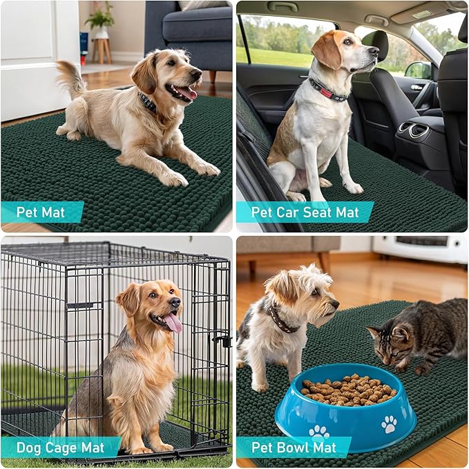 OLANLY Dog Door Mat for Muddy Paws 70x24, Absorbs Moisture and Dirt, Absorbent Non-Slip Washable Doormat, Quick Dry Chenille Mud Mat, Entry Indoor Entryway Carpet for Inside Floor, Blackish Green