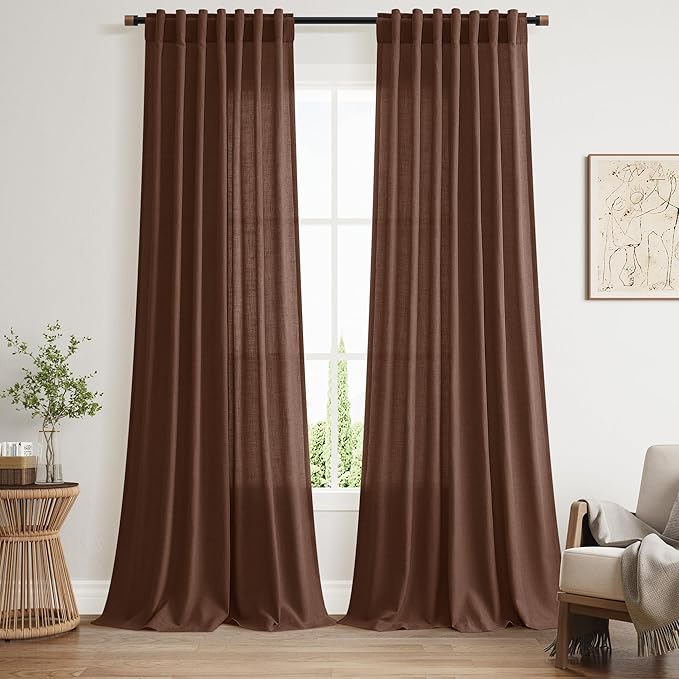 Mocha Brown Linen Curtains Semi Sheer96 Inches 2 Panels for Living Room Back Tab Rod Pocket Light Filtering for Bedroom Dinning Room Vintage Rustic Farmhouse Coastal Decor Protect Privacy 52x96
