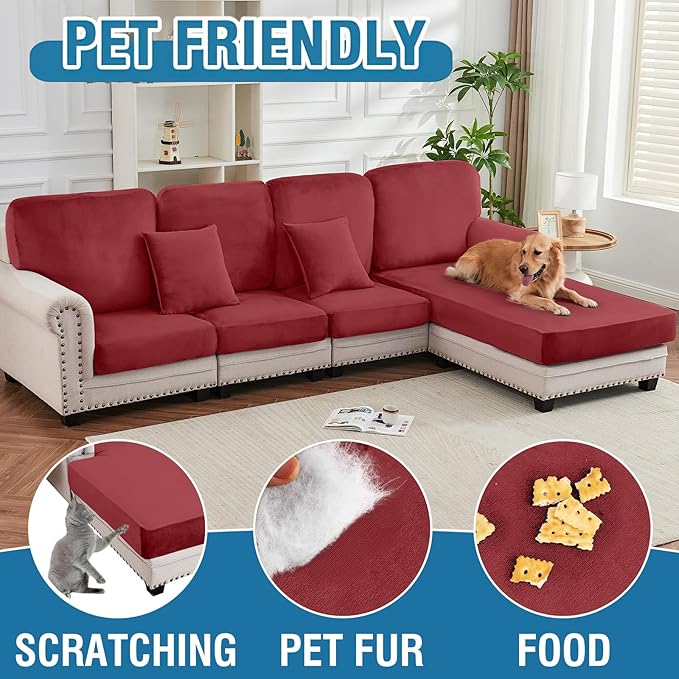 Couch Cover Stretch Velvet Sofa Cushion Cover 3-Piece - Elastic Washable Slipcover for Seat or Backrest, Couch Seat Covers for Sofas (Christmas Red)