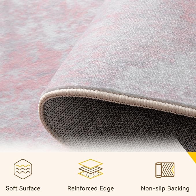 Washable Area Rugs 4'x5' Non-Slip Modern Abstract Soft for Living Room Entryway Bedroom Nursery, Print Pattern, Grey Pink